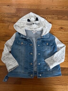 Cat & Jack 4T Blue Denim Jacket with Heather Gray Cat Hood & Sleeves